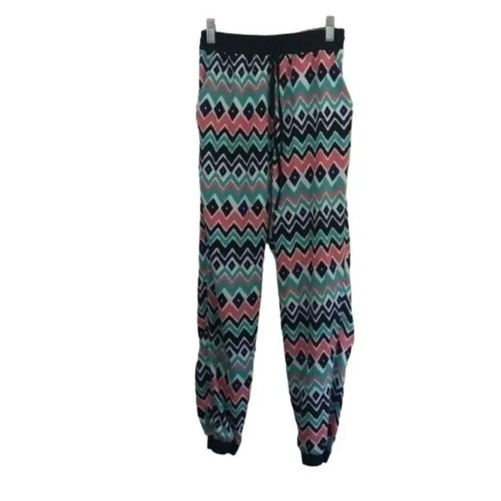 Printed Jogger Pants Black Pink Turquoise‎ Diamond Pattern Drawstring Casual